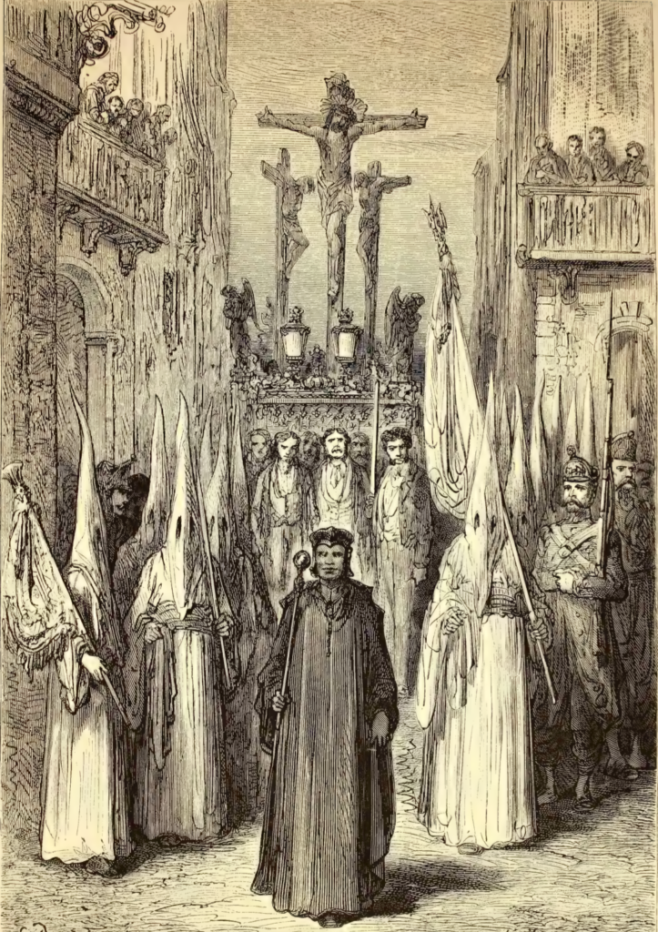 Cofrades mentre accompagano un paso durante la Semana Santa di Siviglia. Illustrazione di Gustave Doré (da L'Espagne, 1874, p. 349).
